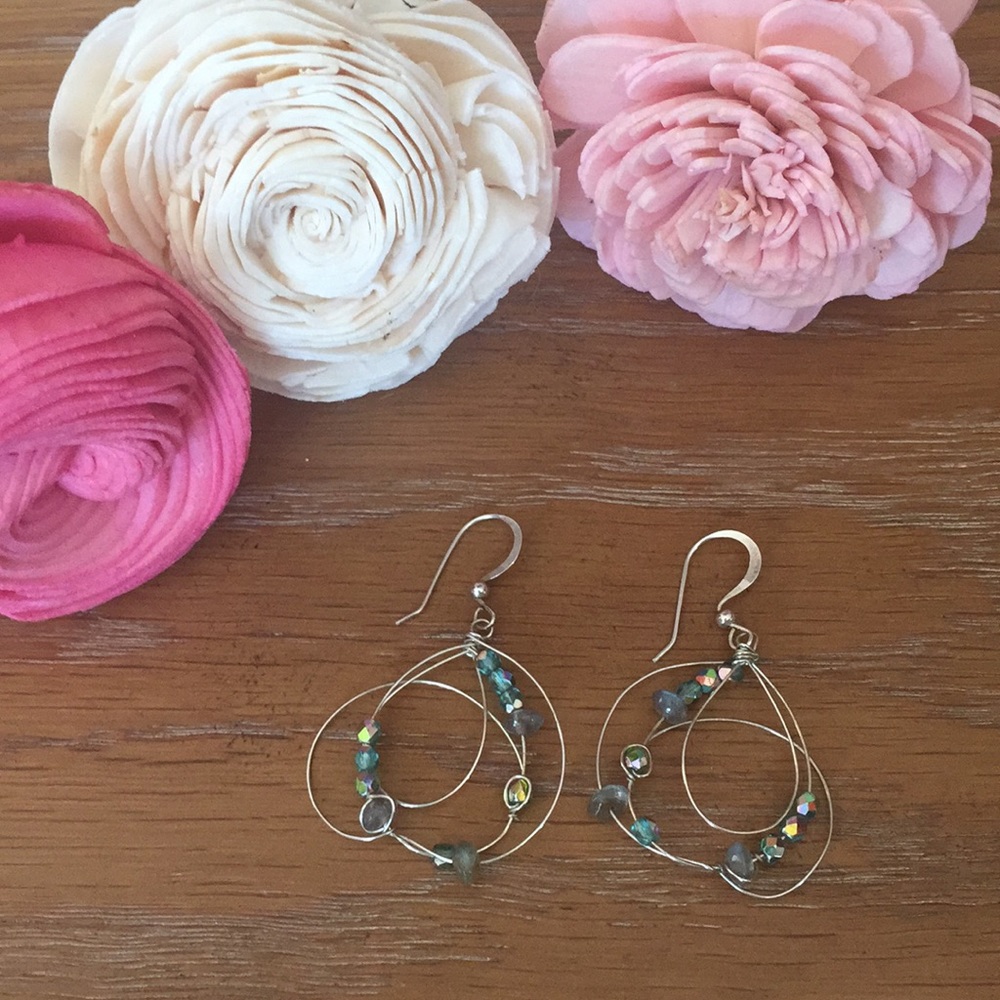 Sterling Silver 925 Decorative Wire Dangle Earrings with Purple and Blue Beads